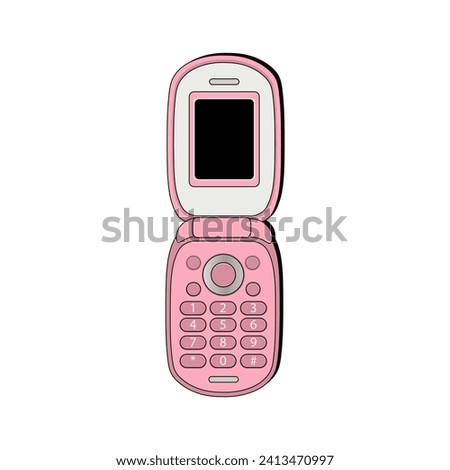 Retro flip phone, pink cute phone. Clamshell phone. Front faced. Cartoon style. Linear retro style