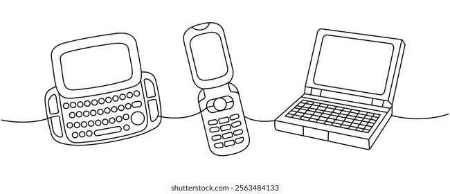 Retro flip phones one line continuous drawing. Mobile flip phone, smart phones with keypad. Vector linear illustration.