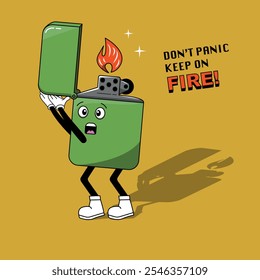 Retro flip-top lighter cartoon character with fiery flame vector illustration