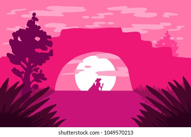Retro floating on a boat a man under the bridge. Nature vintage landscape. Bridge under river. Vector