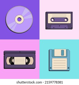 Retro floppy disk, compact disc, vintage cassette, video record icons in flat style isolated on color background. Back to 90s. Nostalgia for 1990s equipment