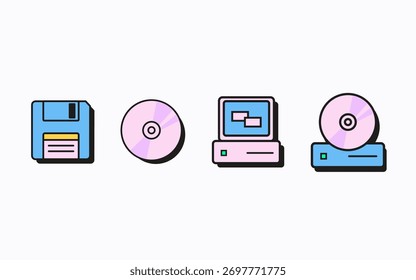 Disquete retro, CD, monitor do computador e ícones da unidade de CD. Design mínimo de nostalgia tecnológica para interfaces digitais. Ilustração de vetor de estilo plano.