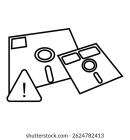 Retro floppy disk, vintage data storage icon vector design symbol illustration with warning sign.
