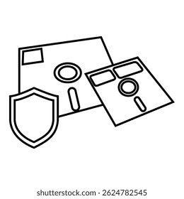 Retro floppy disk, vintage data storage icon vector design symbol illustration with shield protection sign.