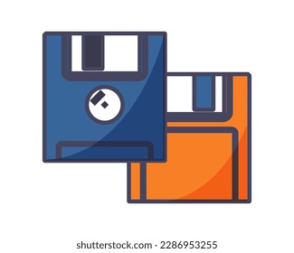 Retro floppy disks concept. Inventory for storing information. Saving data. Diskette for old computer, playstation or console. Template, layout and mock up. Cartoon flat vector illustration