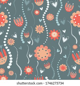 Retro floral abstract seamless repeat pattern design. Flowers, hearts ans dot. Funky background style. Abstract vector art.