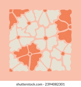 Retro floral abstract square composition. Flat botanical illustration with grunge texture and scratches. Suitable for decoration, posters, t shirt print, social media graphics, pattern