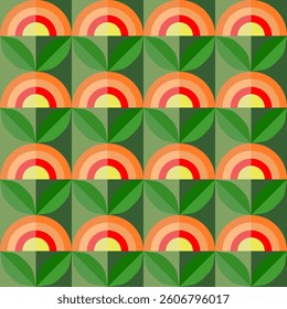 Retro Floral Arc Pattern - Orange and Green Geometric Design
