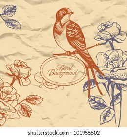 Retro floral background with bird