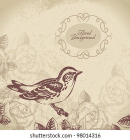 Retro floral background with bird