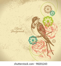 Retro floral background with bird