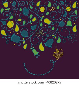 Retro floral background with cartoon bird
