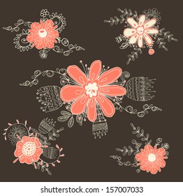 Retro floral background, frame with flowers set