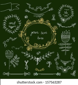 Retro floral background, frame with flowers set