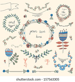 Retro floral background, frame with flowers set