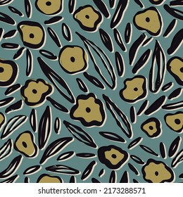 Retro floral batik seamless pattern with sketch or outline flowers and leaves. Vector contemporary repeat for textile, wallpaper, wrapping paper. Mustard yellow elements on the gray-green background.
