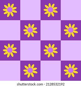 Retro floral checkerboard groovy seamless pattern. Colorful trendy vector illustration in style 70s, 80s