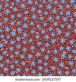 Retro floral and cosmic seamless repeat pattern. Random placed, vector botanical aop all over surface print on red background.