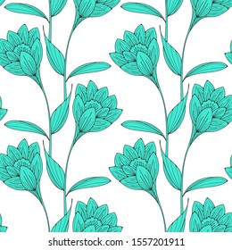 retro floral crocus wallpaper tile in turquoise white shades