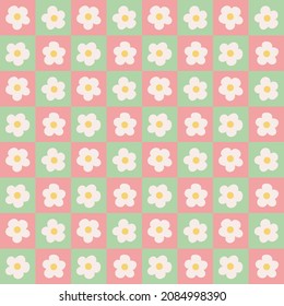 Retro floral daze check seamless repeat pattern. Vector, 70s ditsy daisy all over surface print.