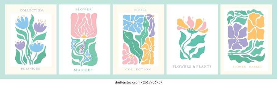 Retro floral elements, abstract flowers and leaves for posters, cards, banners, invitations, stickers, prints, etc. Flower market typography. EPS 10