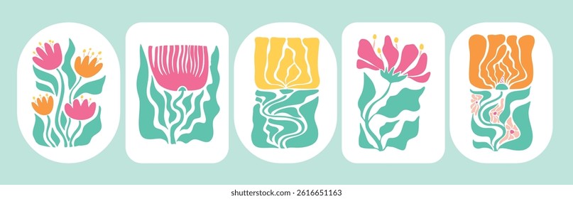 Retro floral elements collection, abstract flowers with leaves for cards, posters, prints, invitations, stickers, etc. EPS 10