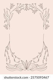 Retro floral frame with botanical design elements in a wavy and naive style. Features boho-inspired leaves and blooming branches