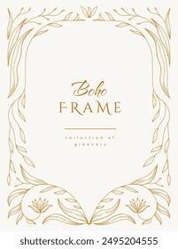 Retro floral frame or cover. Botanic design elements in wavy and naive style. Boho leaves branches and blooming print for poster, social media and packaging or greeting card. Vector illustration