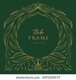 Retro floral frame or cover. Botanic design elements in wavy and naive style. Boho leaves branches and blooming print for poster, social media and packaging or greeting card. Vector illustration