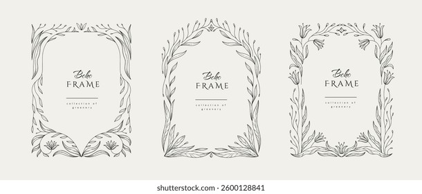 Retro floral frame or cover. Botanic design elements in wavy and naive style. Boho leaves branches and blooming print for poster, social media and packaging or greeting card. Vector illustration