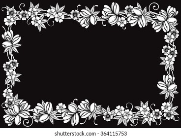 Retro floral frame. Vector ornate  border with many  flowers and leaves at engraving style.