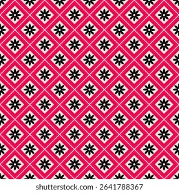 Retro Floral Geometric Seamless Pattern. A charming seamless pattern featuring black stylized flowers within a white grid on a vibrant pink background. Ideal for retro, feminine, textiles, and digital