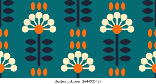 Retro floral geometric seamless pattern in teal,beige and orange colors.Seamless design is perfect for fabric, wallpaper and decorative paper.
