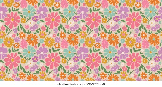 Retro Floral Groovy Colorido 70 Sombra Vector de patrón Ilustración Flores textiles Naranja Rosa