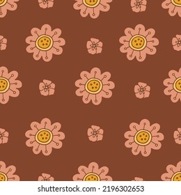 Retro floral groovy vector seamless pattern surface design, textile, stationery, wrapping paper, covers. 60s, 70s, 80s style. Abstract squares with vintage backgrounds