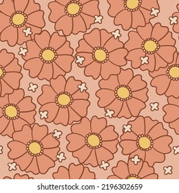 Retro floral groovy vector seamless pattern surface design, textile, stationery, wrapping paper, covers. 60s, 70s, 80s style. Abstract squares with vintage backgrounds