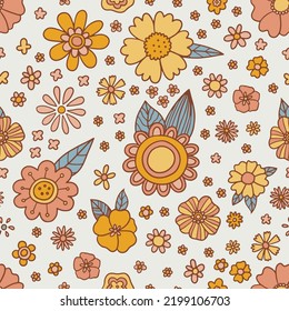 Retro floral groovy vector seamless pattern surface design, textile, stationery, wrapping paper, covers. 60s, 70s, 80s style. Abstract squares with vintage backgrounds