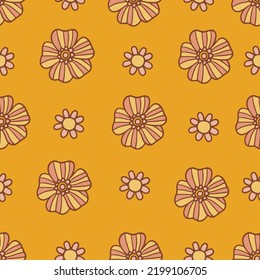 Retro floral groovy vector seamless pattern surface design, textile, stationery, wrapping paper, covers. 60s, 70s, 80s style. Abstract squares with vintage backgrounds