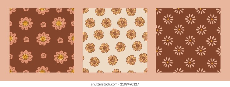 Retro floral groovy vector seamless patterns surface design, textile, stationery, wrapping paper, covers. 60s, 70s, 80s style. Set of abstract squares with vintage backgrounds