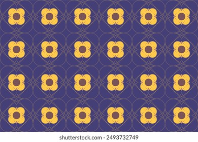 Retro Floral Harmony: A seamless pattern of stylized yellow flowers encircled in a delicate dance of purple, evoking a sense of vintage charm and geometric elegance. 