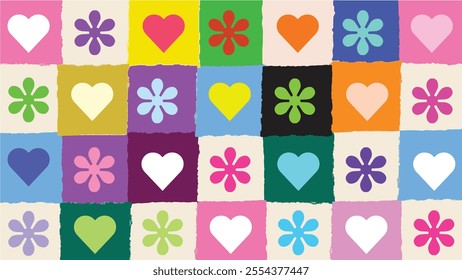 Retro Floral and Heart Pattern - Colorful Love and Flower Patchwork Design