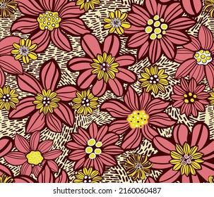 Retro Floral lino cut style seamless pattern, pink and yellow flowers background