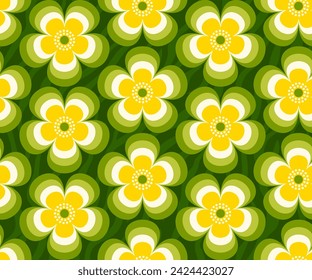 Retro floral, Mid Century modern buttercup flowers in yellow, green colors. For home decor, wallpapers, fabrics and textile. Seamless vector pattern, 1970s mod style