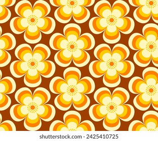 Retro florale, moderne Mid Century Blumen in orange, gelb, braun Farben. Für Wohnkultur, Tapeten, Stoffe und Textilien. Nahtloses Vektormuster, 1970er Jahre Mod-Stil