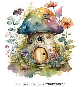 Retro Floral Mushroom House Watercolor Sublimation