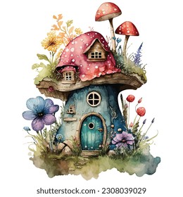 Retro Floral Mushroom House Watercolor Sublimation