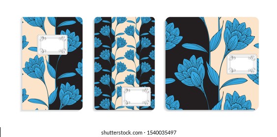 retro floral notebook covers set with calligraphic labels in blue black ivory shades