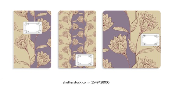 retro floral notebook covers set with calligraphic labels in ivory purple shades