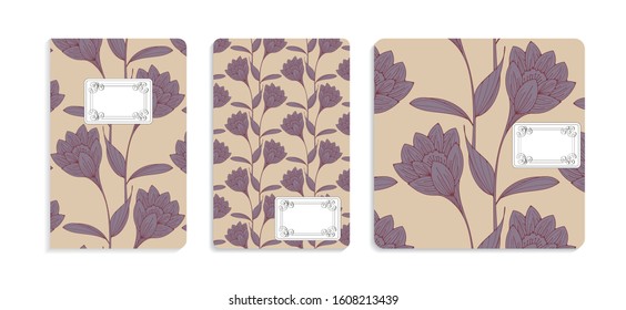 retro floral notebook covers set with calligraphic labels in ivory mauve shades