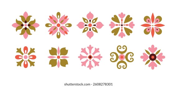 Retro floral ornament drawing. Geometric tile element. Oriental pattern. Mosaic art. Retro vintage aesthetic. Folk ethnic motif. Azulejo. Vector illustration.